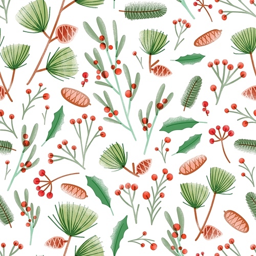 Holiday seamless pattern with holly leaves, mistletoe, pine cones, needles and branches on white background. Seasonal festive vector illustration in flat style for wrapping paper, textile .