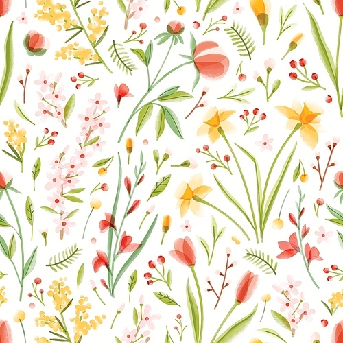 Natural seamless pattern with translucent blooming spring garden flowers on light background. Modern colorful floral vector illustration for wrapping paper, wallpaper, textile , backdrop