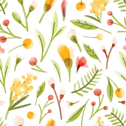 Botanical seamless pattern with translucent blooming summer flowers, berries, leaves scattered on white background. Motley romantic vector illustration for wrapping paper, wallpaper, fabric