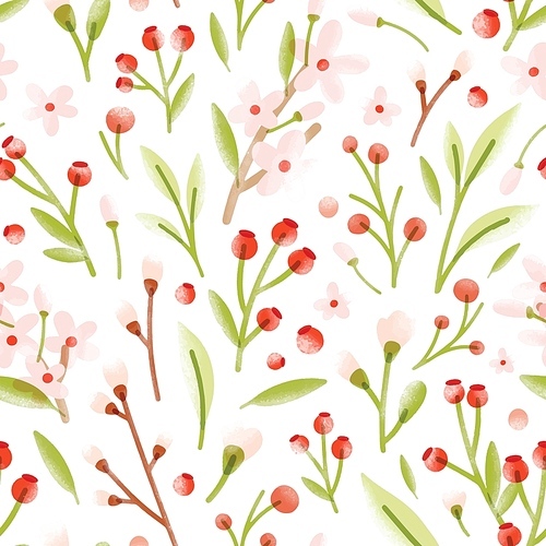 Elegant seamless pattern with translucent tender spring flowers, forest berries, leaves scattered on white background. Natural vector illustration for wrapping paper, backdrop, textile print