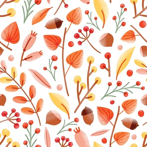 Autumn seamless pattern with acorns, nuts, cape gooseberries, viburnum berries on white background. Seasonal vector illustration in modern flat style for wrapping paper, wallpaper, fabric .