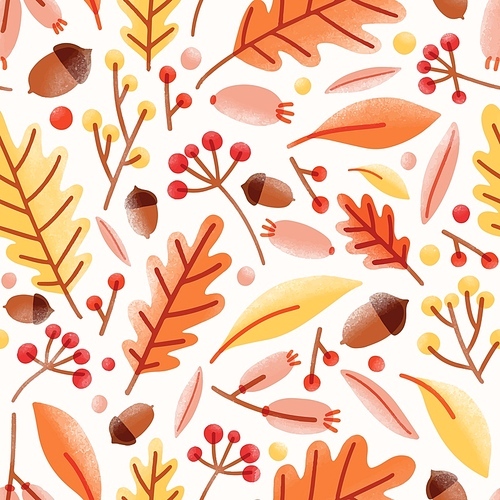 Seasonal seamless pattern with acorns, fallen oak leaves, viburnum berries on white background. Natural vector illustration in modern flat style for wrapping paper, wallpaper, textile , backdrop.