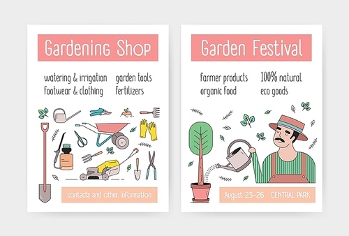 Bundle of flyer or poster templates with gardener in hat watering tree, gardening tools and agriculture equipment. Modern vector illustration in linear style for market or festival advertisement