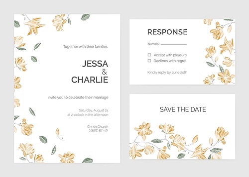 Set of Save the Date card or wedding invitation templates with beautiful magnolia tree branches and blooming flowers on white background. Botanical realistic vector illustration for event celebration