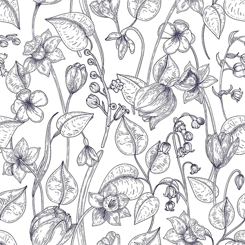 Romantic seamless pattern with blooming spring flowers and leaves hand drawn with contour lines on white background. Botanical realistic monochrome vector illustration in elegant antique style