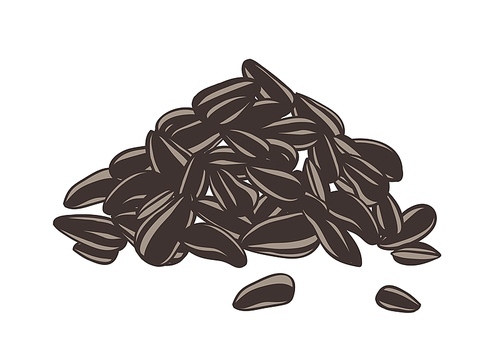 Detailed drawing of handful or pile of sunflower seeds or fruits. Kernels in hulls hand drawn on white background. Delicious dietary food or snack. Realistic vector illustration in vintage style