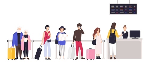People standing in queue or line to check-in desk in order to register for flight. Men and women with baggage waiting for plane departure at airport. Colored cartoon vector illustration in flat style
