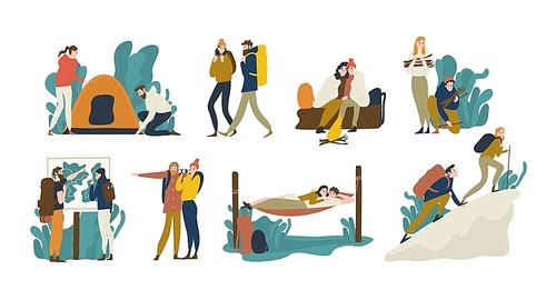 Collection of young romantic couples during hiking adventure travel or camping trip. Men and women pitching tent, lying in hammock, climbing mountain, backpacking. Flat colorful vector illustration.