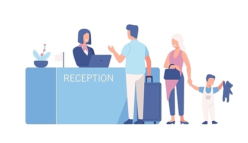 Family standing at airport check-in counter or registration desk and talking to female worker. Scene with tourists or travellers at hotel lobby. Colorful vector illustration in flat cartoon style.