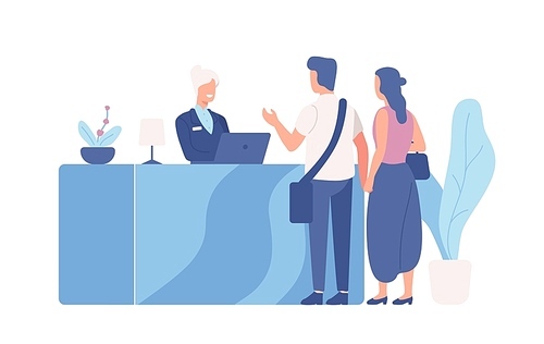 Pair of tourists or travellers standing at reception desk and talking to receptionist. Scene with guests at hotel lobby isolated on white . Colored vector illustration in flat cartoon style.