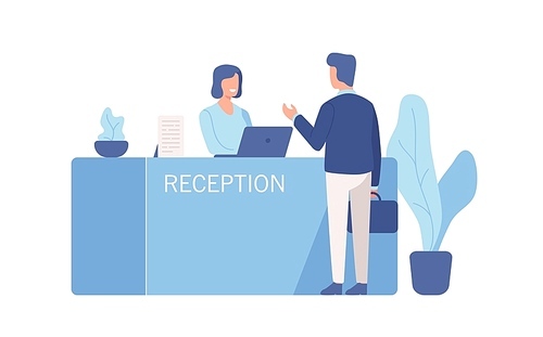 Male customer standing at reception desk and talking to female receptionist. Scene of visit to service center isolated on white . Colorful vector illustration in flat cartoon style.