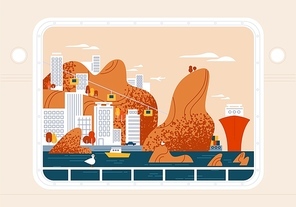 Ship, yacht or sea vessel window view on beautiful seaside town, urban landscape. Around the world trip, cruise, travel or journey through beautiful places. Modern vector in flat cartoon style