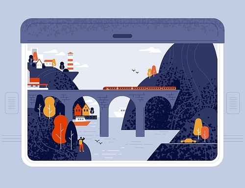 Train window view on seaside town, sea, lighthouse, cliffs and railway bridge. Around the world trip, railroad travel or journey through beautiful places. Modern vector in flat cartoon style