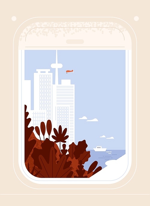 Aircraft or plane window view on seaside city downtown with skyscrapers and modern buildings. Around the world trip, airplane travel, journey through picturesque places. Flat vector illustration