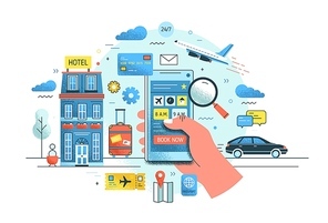 Hand holding smartphone against hotel building, flying plane, riding car and suitcase on background. Concept of online service for early booking. Colorful vector illustration in modern flat style