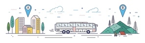 Horizontal banner with bus riding along road from departure point towards camping at destination point. Touristic transportation service, tourism and travel. Vector illustration in line art style