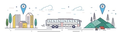 Horizontal banner with bus riding along road from departure point towards camping at destination point. Touristic transportation service, tourism and travel. Vector illustration in line art style