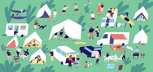 Summer camp festival. People or tourists living in tents, travel trailers and camper vans, cooking and eating food outdoor, playing, talking to each other. Flat cartoon colorful vector illustration