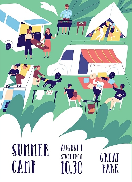 Flyer or poster template for summer camp festival with people or tourists living in tents, trailers, camper vans and RVs. Flat cartoon vector illustration for outdoor event promotion, advertisement