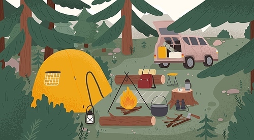 Forest touristic camp with tent, bonfire, firewood, campervan, equipment, tools for adventure tourism, travel, bushcraft, backpacking. Campsite surrounded by spruce trees. Flat vector illustration