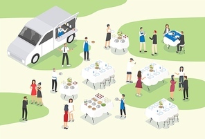 People providing catering at formal event or occasion. Group of food service workers setting tables, working at bar, carrying meals and serving guests. Modern colorful isometric vector illustration.