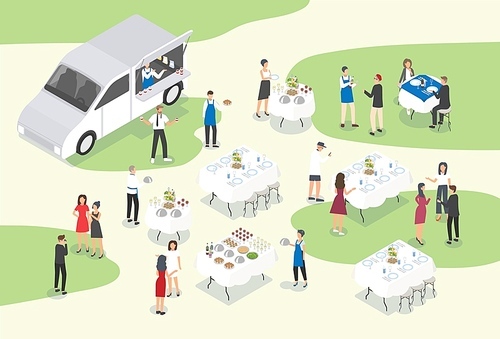 People providing catering at formal event or occasion. Group of food service workers setting tables, working at bar, carrying meals and serving guests. Modern colorful isometric vector illustration.