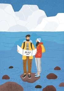 Cute couple in love performing outdoor touristic activity - adventure travel, hiking or backpacking. Pair of tourists, backpackers or friends on trip. Flat cartoon colorful vector illustration