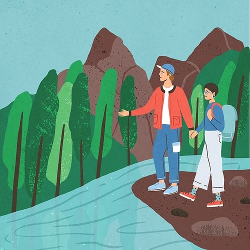 Young man and woman standing at river and holding hands. Cute couple travelling together through wild forest. Pair of tourists hiking or backpacking in woods. Flat cartoon colored vector illustration