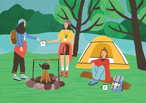 Group of happy girls, female tourists or backpackers sitting and standing beside campfire and tent. Camping in forest, adventure tourism, backpacking, bushcraft. Flat cartoon vector illustration