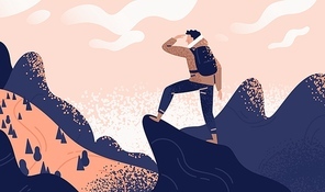 Man with backpack, traveller or explorer standing on top of mountain or cliff and looking on valley. Concept of discovery, exploration, hiking, adventure tourism and travel. Flat vector illustration