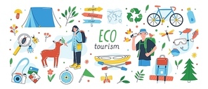 Ecotourism set. Collection of eco friendly tourism design elements isolated on white  - male and female tourists or ecologists, tent, backpack, kayak. Flat cartoon vector illustration