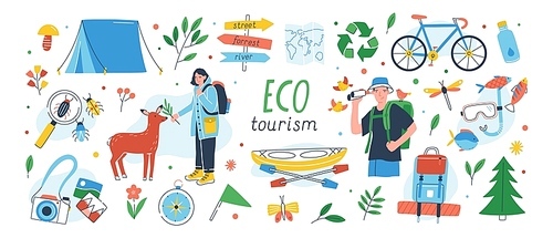 Ecotourism set. Collection of eco friendly tourism design elements isolated on white  - male and female tourists or ecologists, tent, backpack, kayak. Flat cartoon vector illustration