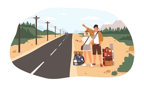 Young happy couple with backpacks standing near road and hitchhiking. Cute smiling man and woman thumbing or hitching ride. Adventure travel, road trip, tourism. Flat cartoon vector illustration