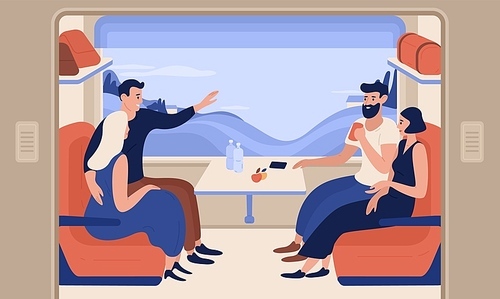 Young smiling men and women travelling by train. Cheerful people sitting in passenger car and talking to each other. Happy railway journey. Colorful vector illustration in flat cartoon style