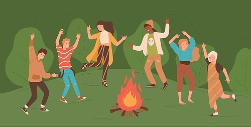 Group of happy young men and women dancing around bonfire in forest. People enjoying party in woods. Male and female cartoon characters jumping beside fire. Colorful vector illustration in flat style.