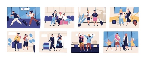 Collection of scenes with tourists going on summer vacation, journey or trip. Friends, young and elderly couples, families with kids with their baggage or luggage. Flat cartoon vector illustration