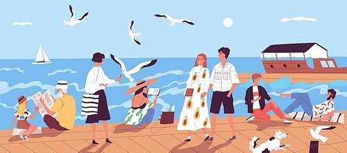 Cute happy people walking along quay or seafront and feeding seagulls against sea or ocean with sail boats on background. Vacation at seaside resort. Flat cartoon colorful vector illustration