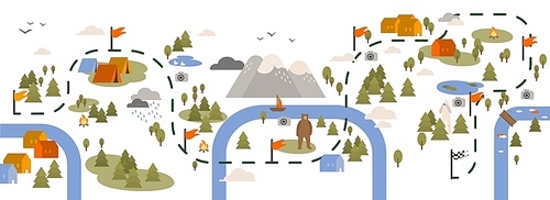 Horizontal banner with trail map, hiking route or footpath decorated with touristic areas, camping locations and landmarks marked by flags. Colorful vector illustration in flat cartoon style.