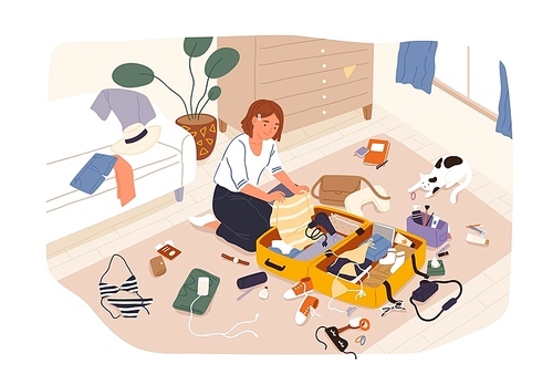 Young cute smiling girl sitting on floor and packing her suitcase or bag and preparing for trip or travel. Happy traveler getting ready for summer vacation. Flat cartoon colorful vector illustration