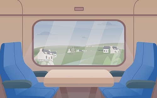 Gorgeous view from train window and pair of seats. Interior of comfortable passenger car. Railway journey or trip through beautiful places. Colorful vector illustration in flat cartoon style