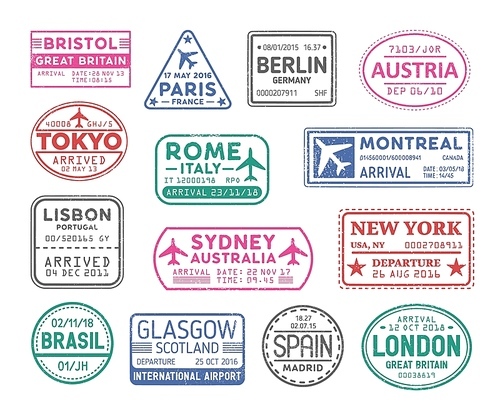 Collection of passport visa stamps isolated on white . Bundle of travel or touristic marks. Set of round, rectangular and triangular journey or trip markings. Colorful vector illustration.