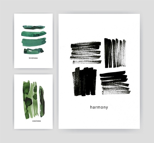 Collection of modern poster or flyer templates with abstract green and black brush strokes, watercolor paint traces or smears on white background. Elegant vector illustration in minimalistic style.
