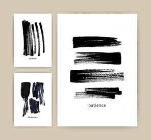 Collection of vertical minimalistic poster, flyer or card templates with black ink or paint traces, daub, scribble or brush strokes on white background. Modern monochrome artistic vector illustration