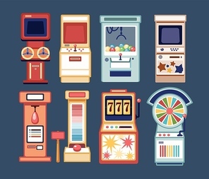 Collection of arcade video games, coin-ops and casino gambling slot machines isolated on grey background. Bundle of devices for entertainment. Colorful vector illustration in flat cartoon style