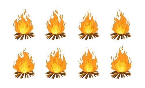 Collection of burning bonfires or campfires isolated on white . Animation set of flame on firewood or logs in fire. Bundle of decorative design elements. Flat cartoon vector illustration