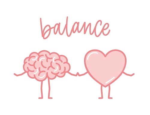 Cute pink brain and heart holding hands. Funny cartoon human organs isolated on white . Concept of balance of mind and soul, thoughts and feelings. Flat colored vector illustration.