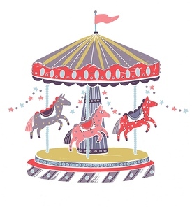 Retro style carousel, roundabout or merry-go-round with adorable horses isolated on white background. Amusement ride for children or kids decorated with star garlands. Cartoon vector illustration.