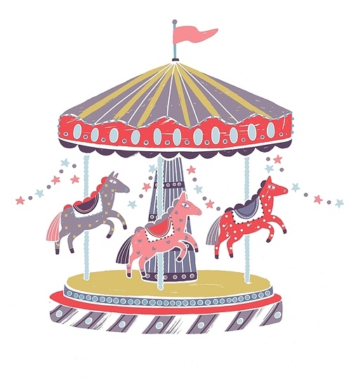 Retro style carousel, roundabout or merry-go-round with adorable horses isolated on white . Amusement ride for children or kids decorated with star garlands. Cartoon vector illustration.