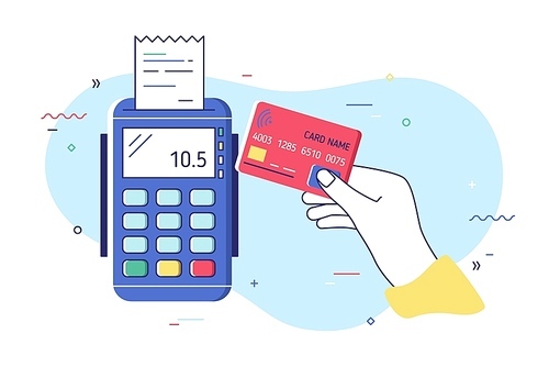 Hand holding debit or credit card, waving it over electronic terminal or reader and paying or purchasing. Contactless payment system or technology. Colorful modern vector illustration in flat style.
