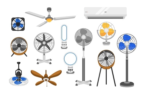 Collection of electric fans of various types isolated on white . Bundle of household devices for air cooling and conditioning, climate control. Vector illustration in flat cartoon style.